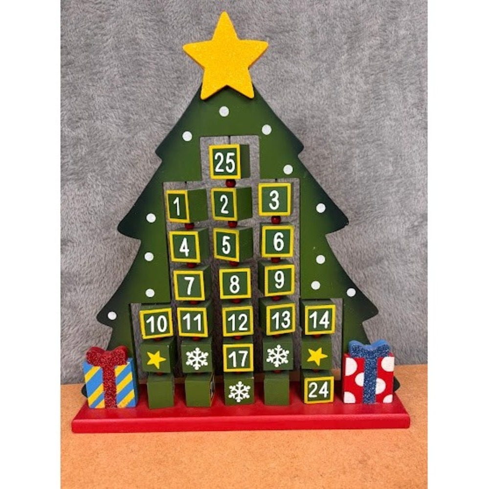 Very Merry Advent Calendar Wooden Christmas Tree Tabletop Decor Green